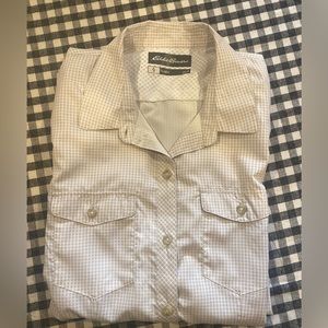 Women’s Eddie Bauer tan and white plaid Travex button down. Size large